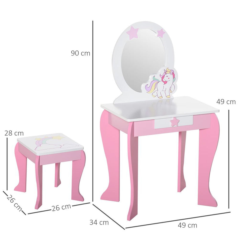 Kids Dressing Table Girls Vanity Set w/ Mirror and Stool Unicorn-Designed