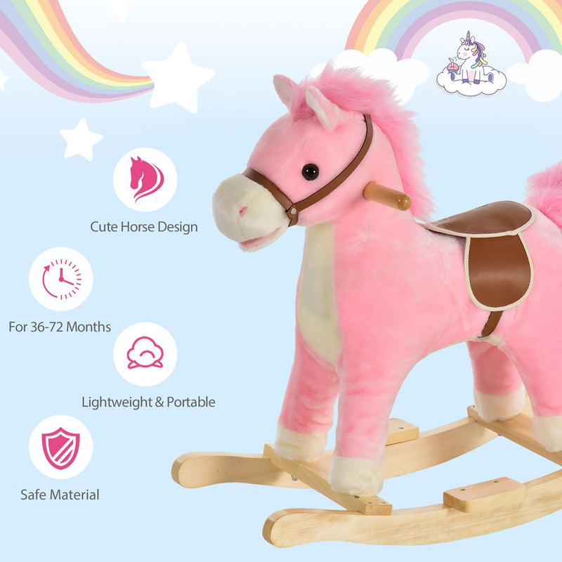 Kids Plush Rocking Horse w/ Moving Mouth Tail Sounds 18-36 Months Pink HOMCOM