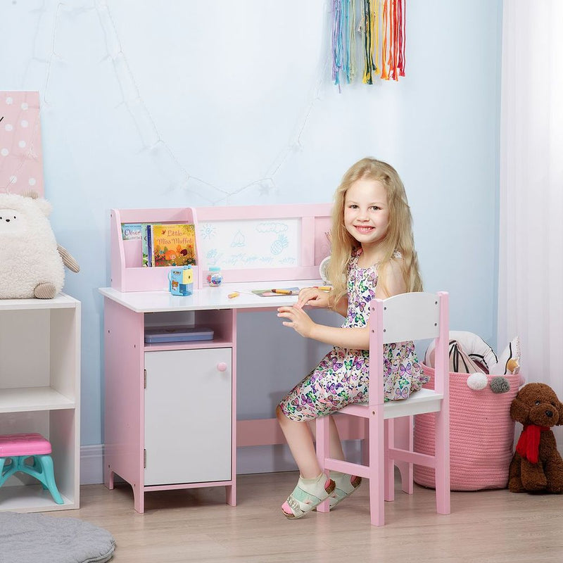 HOMCOM 2 PCs Childrens Table and Chair Set w/ Whiteboard Storage - Pink