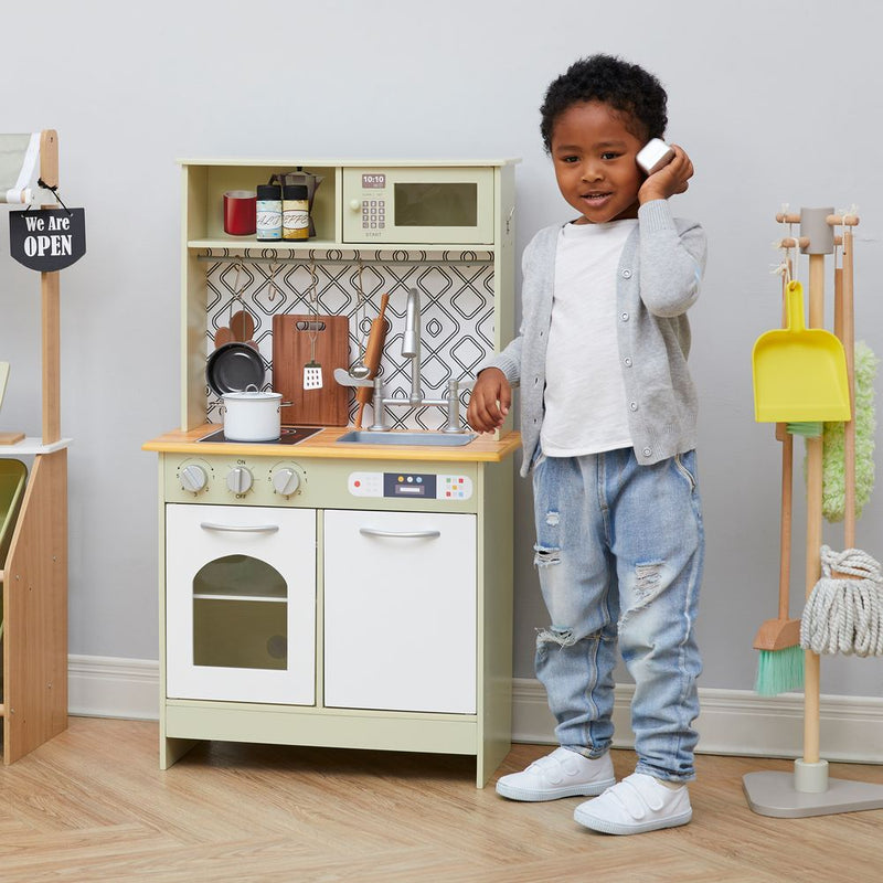 Wooden Kitchen Playset with Interactive Features & 9 Accessories