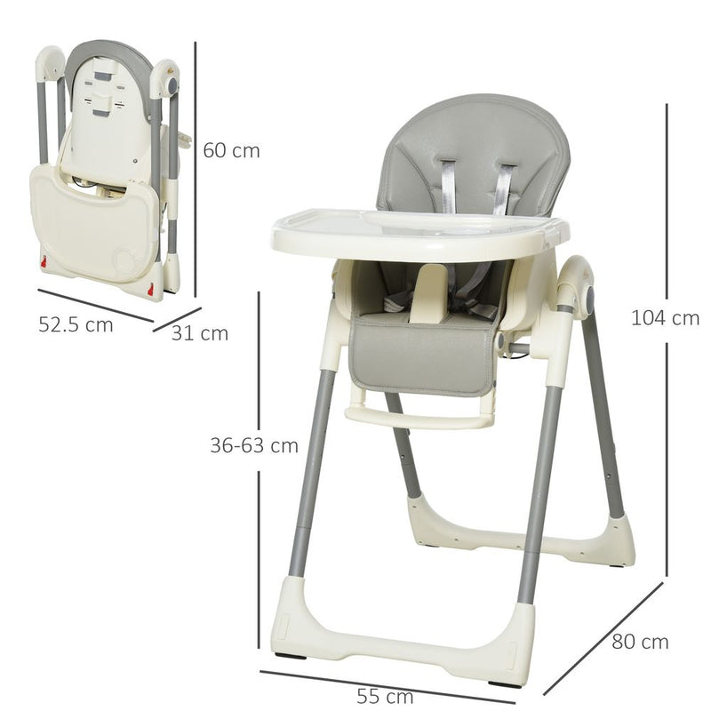 Foldable Baby High Chair Toddler Height Back Footrest Adjustable Grey HOMCOM