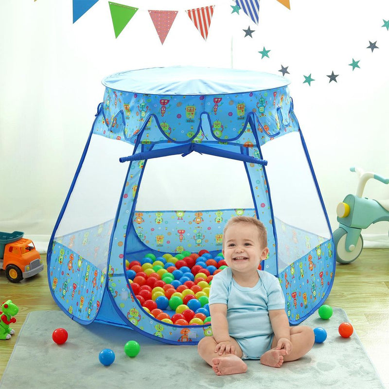 Kids Playhouse Tent Blue Robot Pop Up with 100 Coloured Play Balls