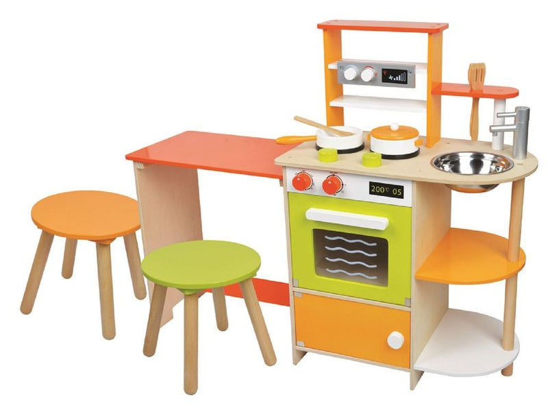 Lelin Wooden Childrens 2 In 1 Kitchen Cooking And Dining Room With Pots & Pans