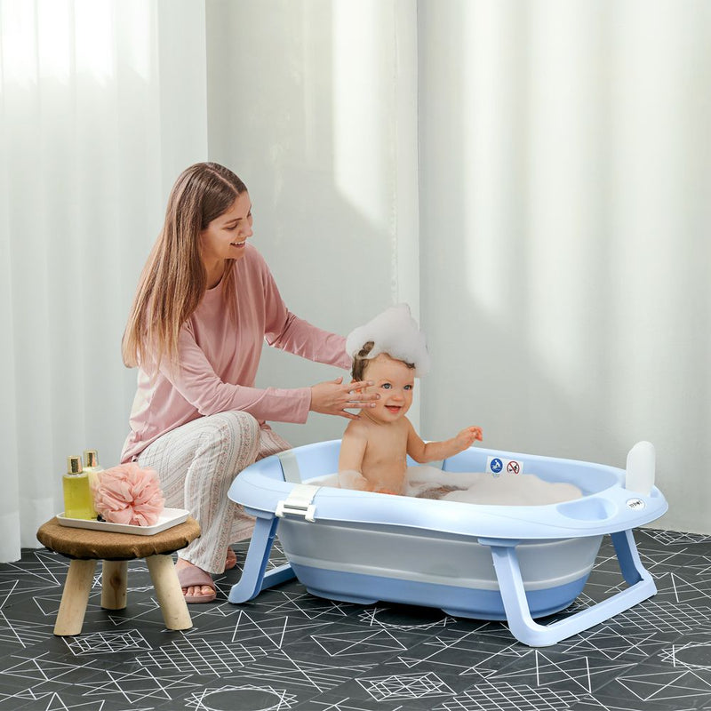 Foldable Baby Bathtub w/ Non-Slip Support Legs, Cushion, Shower Holder - Blue