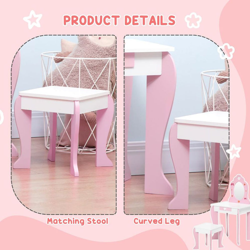 ZONEKIZ Kids Vanity Set w/ Mirror, Drawer, Cute Patterns, for Girls - Pink