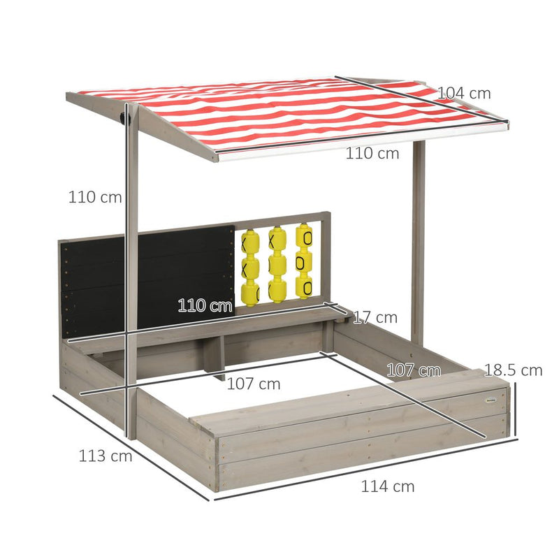 Outsunny Kids Wooden Sandpit, Sandbox w/ Canopy, Seats, for Gardens - Grey