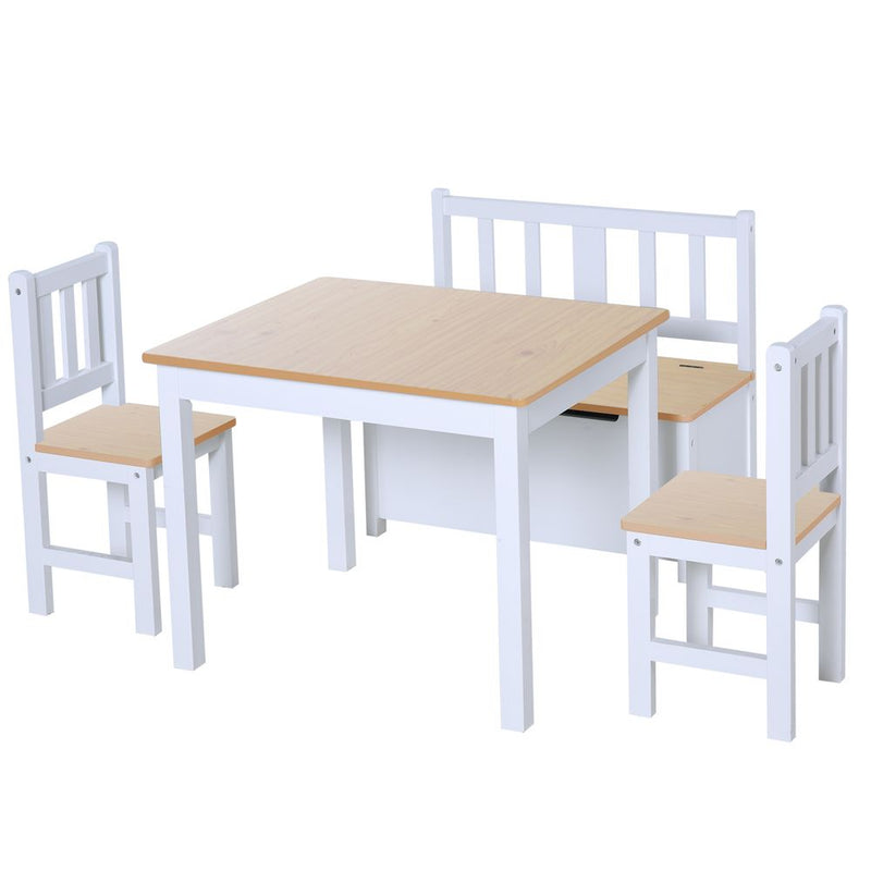 4-Piece Set Kids Wood Table Chair Bench Storage Function for 3 Years+ HOMCOM