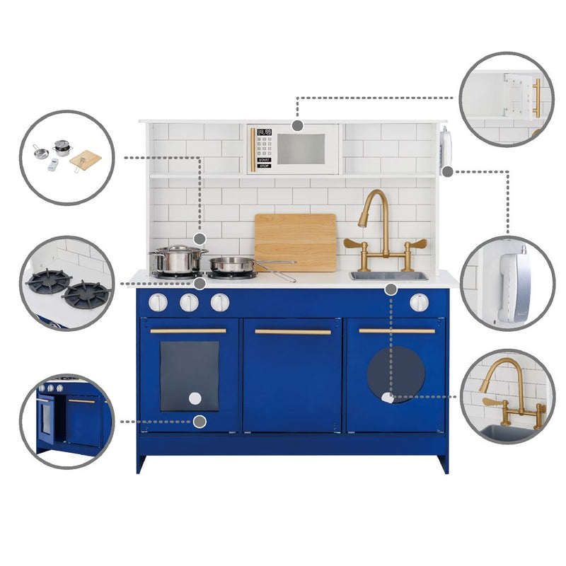 Blue Kids Toy Kitchen Wooden Cooker Children Imitation Playset