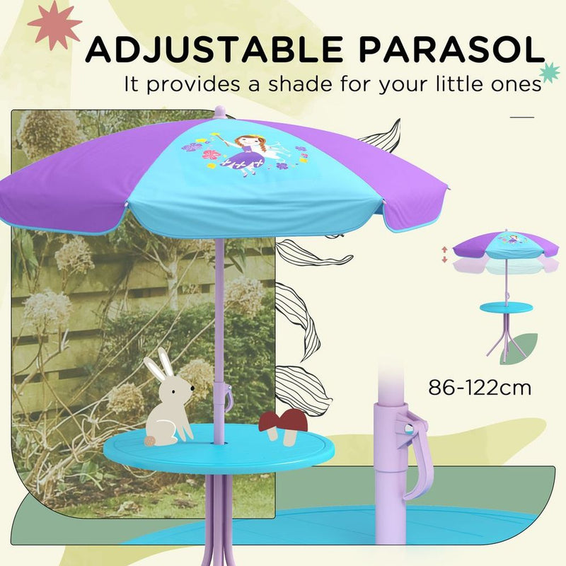 Kids Bistro Table and Chair Set with Fairy Theme, Adjustable Parasol