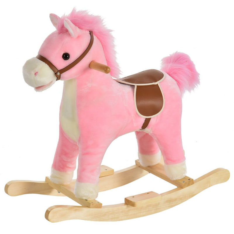 Kids Plush Rocking Horse w/ Moving Mouth Tail Sounds 18-36 Months Pink HOMCOM