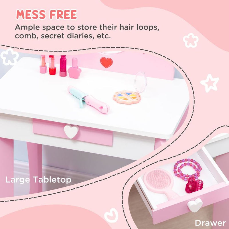 ZONEKIZ Kids Vanity Set w/ Mirror, Drawer, Cute Patterns, for Girls - Pink