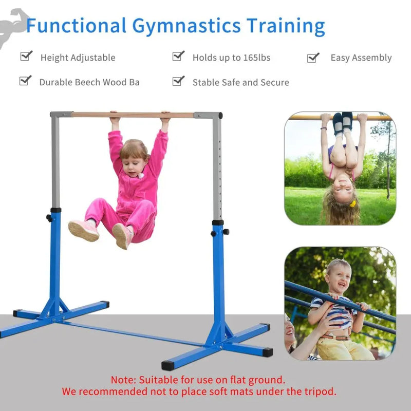 Adjustable Kids Gymnastics Bar Horizontal Training w/ Steel Frame Wood Bar Blue