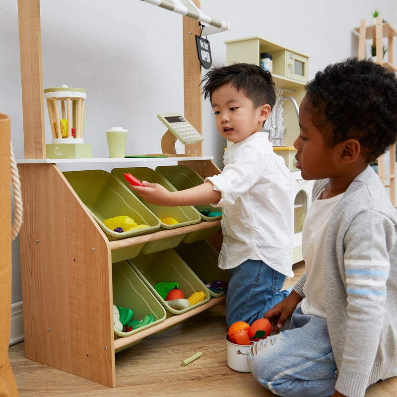 Wooden Market Grocery Stand Role Play Toy Set & 6 Accessories