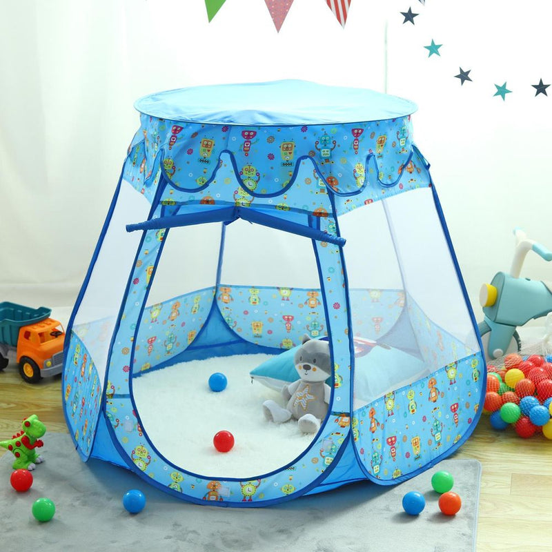 Kids Playhouse Tent Blue Robot Pop Up with 100 Coloured Play Balls