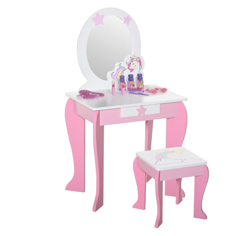 Kids Dressing Table Girls Vanity Set w/ Mirror and Stool Unicorn-Designed