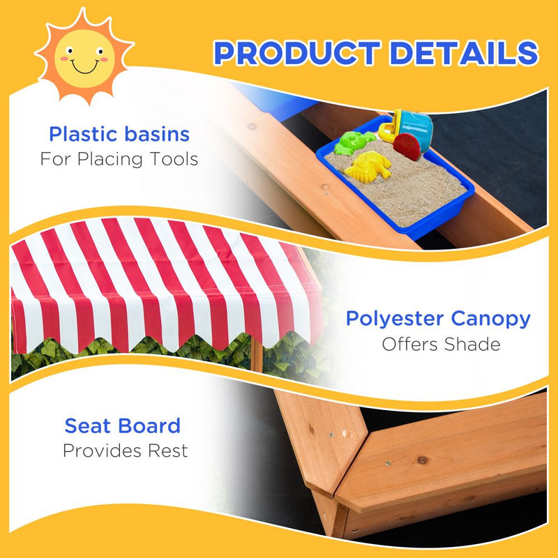 Kids Wooden Sandbox Sand Pit Height Adjustable with Canopy Basins Outsunny