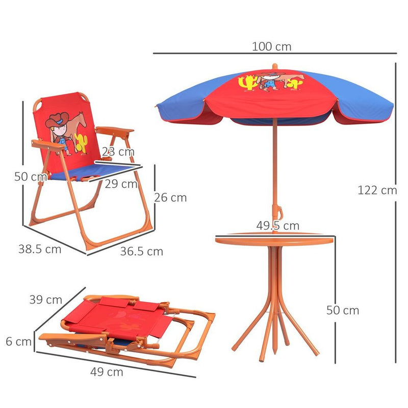 Kids Bistro Table and Chair Set with Cowboy Theme Adjustable Parasol