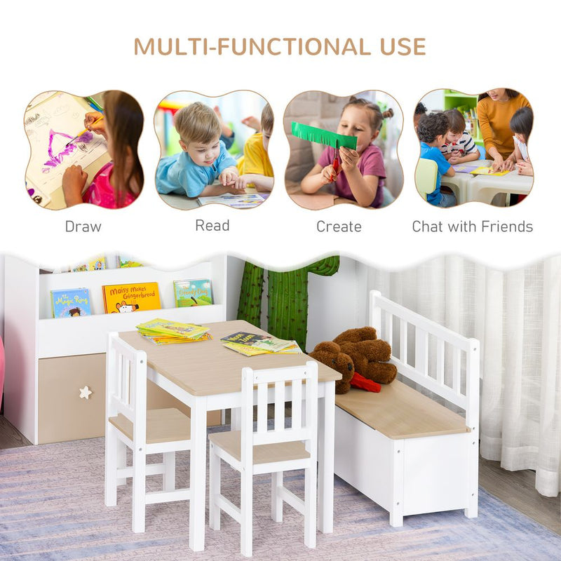 4-Piece Set Kids Wood Table Chair Bench Storage Function for 3 Years+ HOMCOM