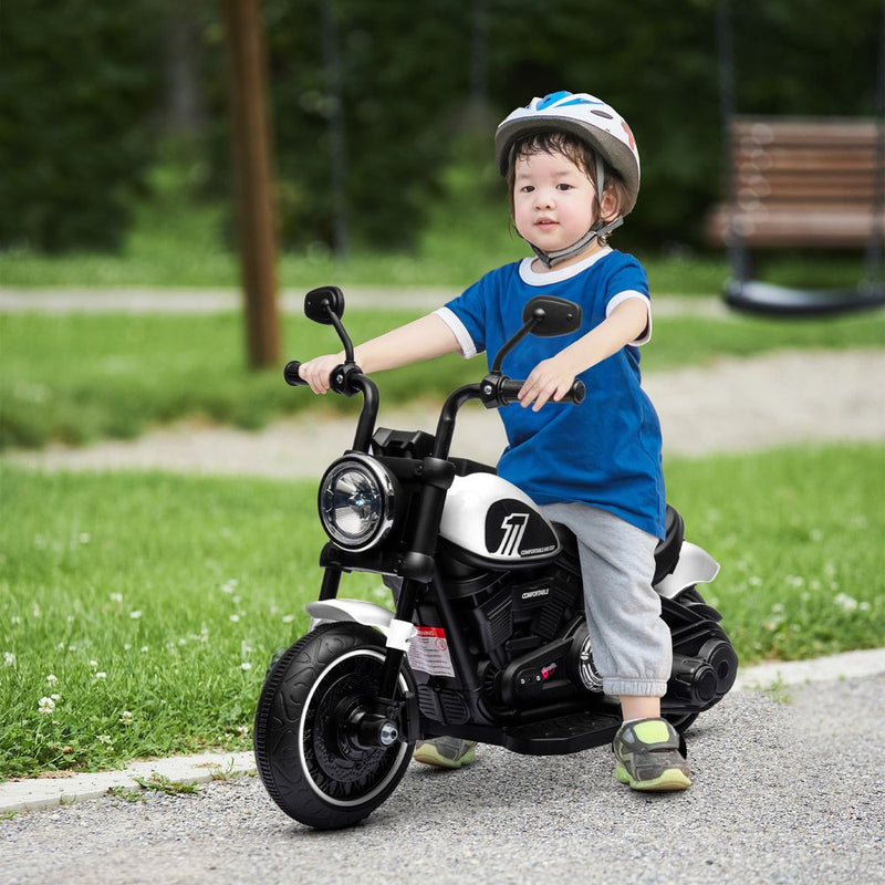 6V Electric Motorbike w/ Training Wheels, One-Button Start, Headlight - White