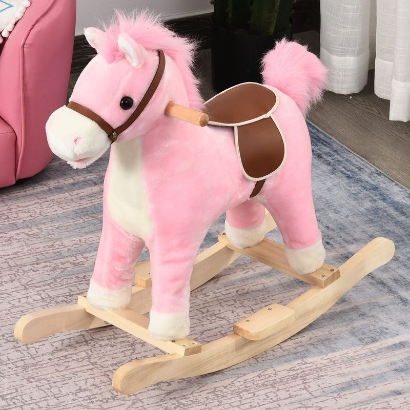 Kids Plush Rocking Horse w/ Moving Mouth Tail Sounds 18-36 Months Pink HOMCOM