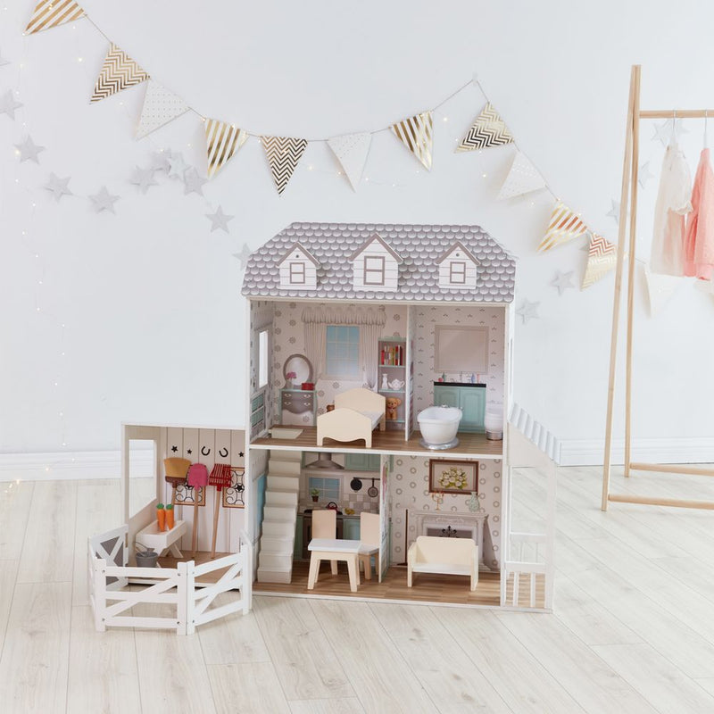 Olivia's Little World Large Kids Wooden Dolls House with Stable & 14 Accessories