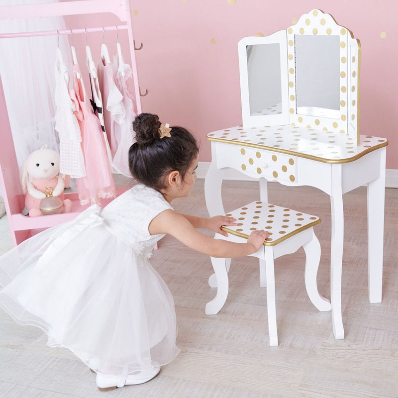 Wooden Play Vanity Set With Mirror & Lights White/Gold