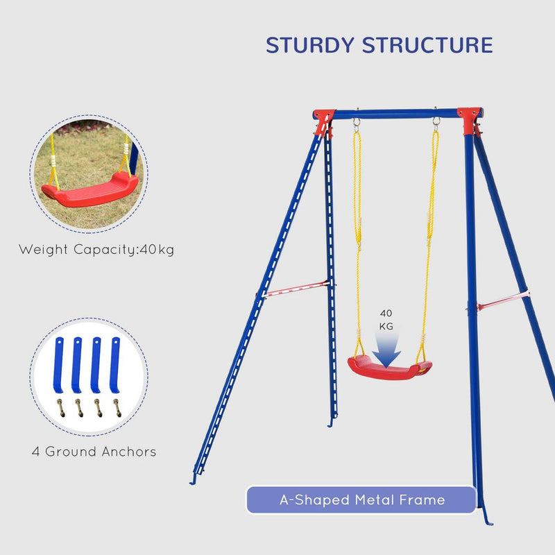 Metal Swing Set w/ Adjustable Rope A-Frame Stand Outdoor Playset