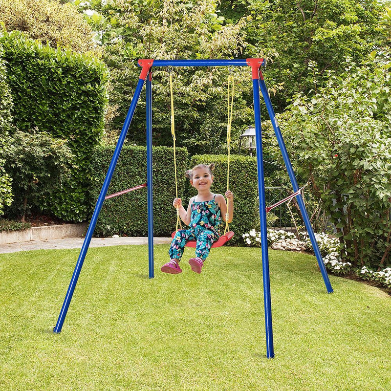 Metal Swing Set w/ Adjustable Rope A-Frame Stand Outdoor Playset