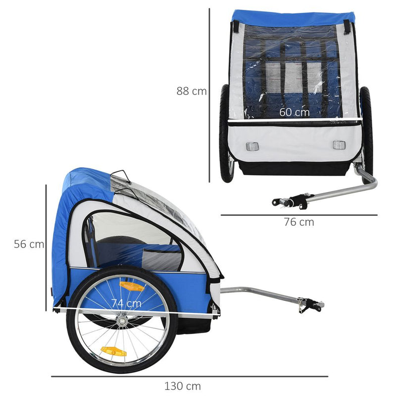 18m+ 2-Seat Child Bike Trailer for Kid w/ Steel Frame Seat Belt Blue