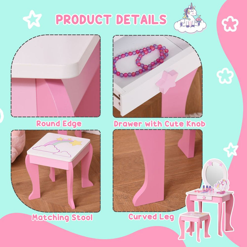 Kids Dressing Table Girls Vanity Set w/ Mirror and Stool Unicorn-Designed