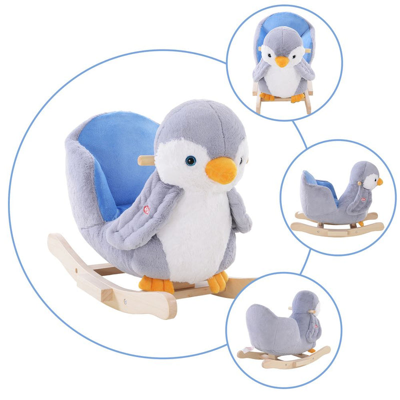 Animal Baby Rocking Horse Penguin Plush Musical Button w/32 Songs Wood