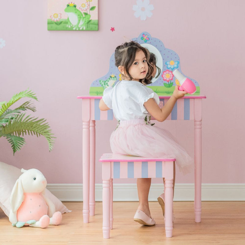 Kids Play Wooden Vanity Table, Stool Set & Mirror T