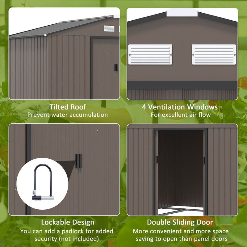 9 X 6FT Outdoor Storage Garden Shed Sliding Door Galvanised Metal Brown