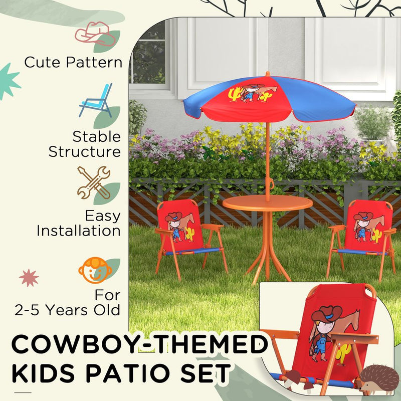 Kids Bistro Table and Chair Set with Cowboy Theme Adjustable Parasol