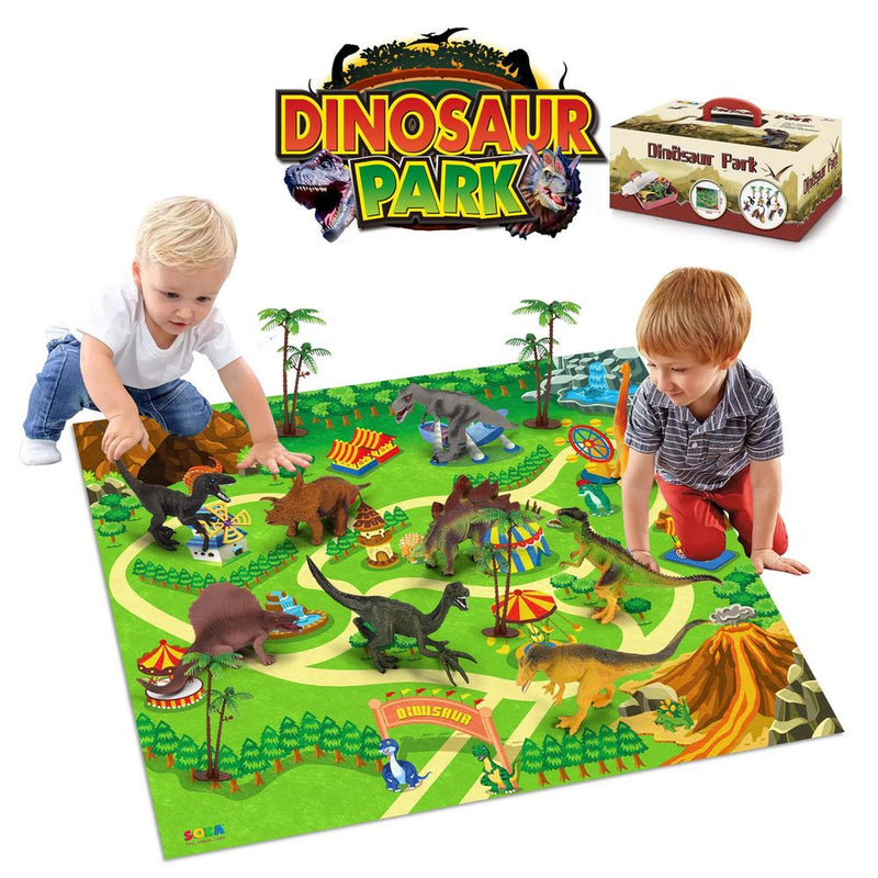 Realistic Dinosaur Toy Figure Set with Activity Play Mat & Trees for kids - Includes TRex Triceratops Velociraptor