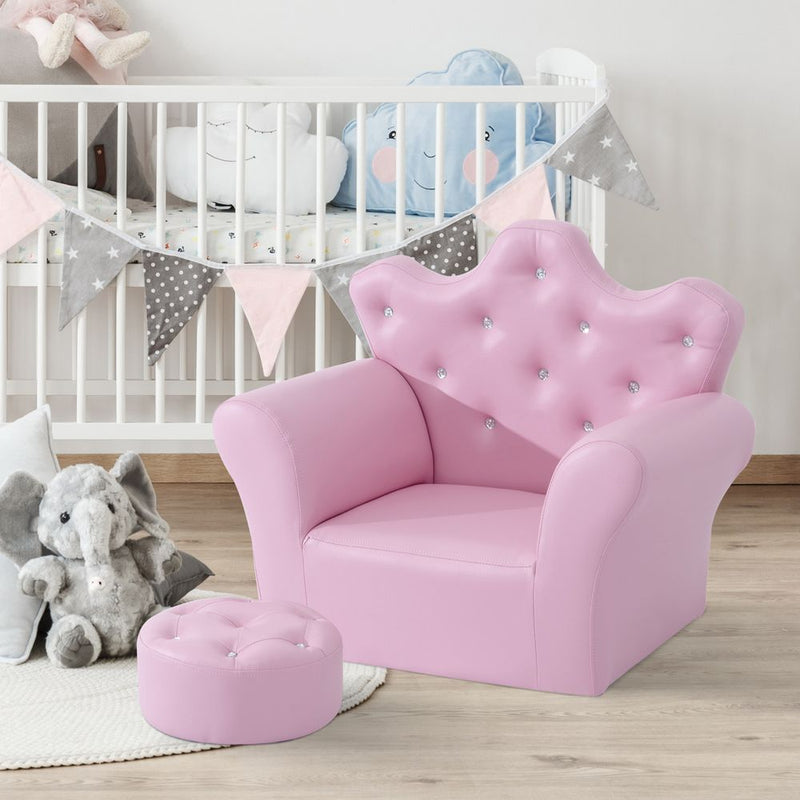 Kids Sofa Set Armchair Chair Seat With Free Footstool PU Leather Pink