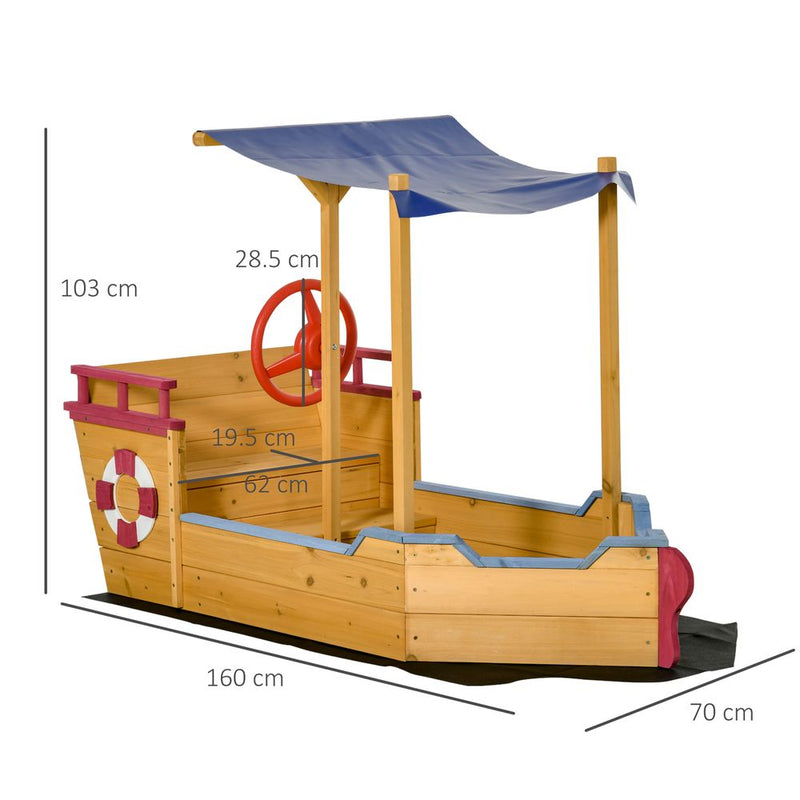 Kids Wooden Sand Pit Sandbox Pirate Sandboat Outdoor w/ Canopy Shade