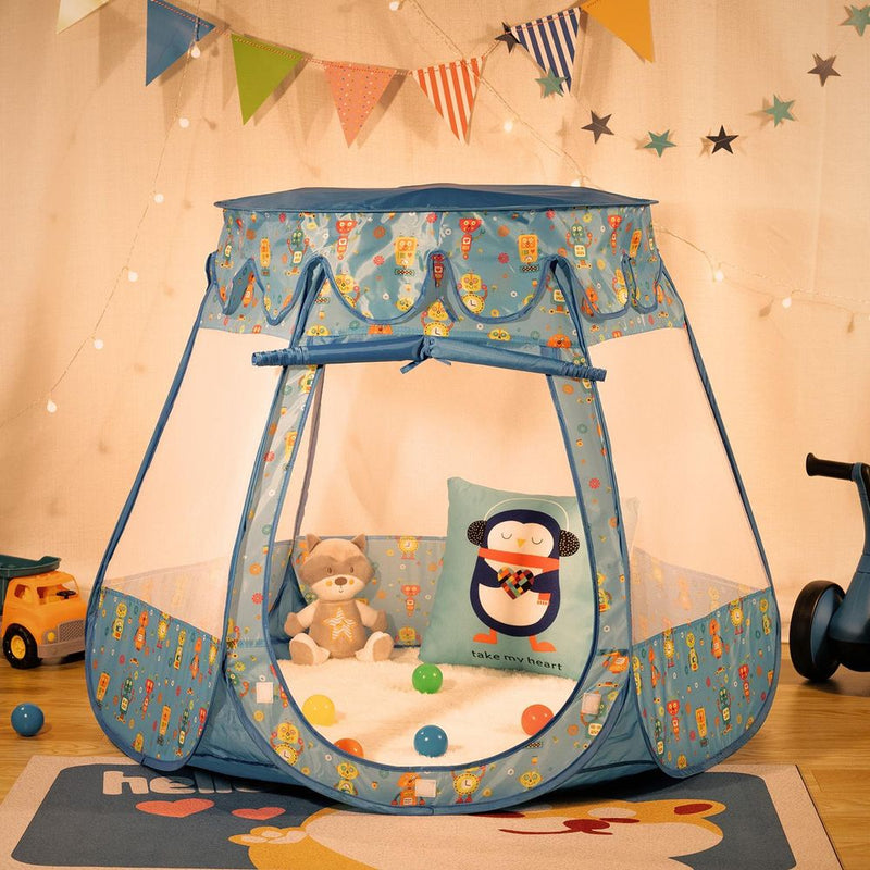 Kids Playhouse Tent Blue Robot Pop Up with 100 Coloured Play Balls