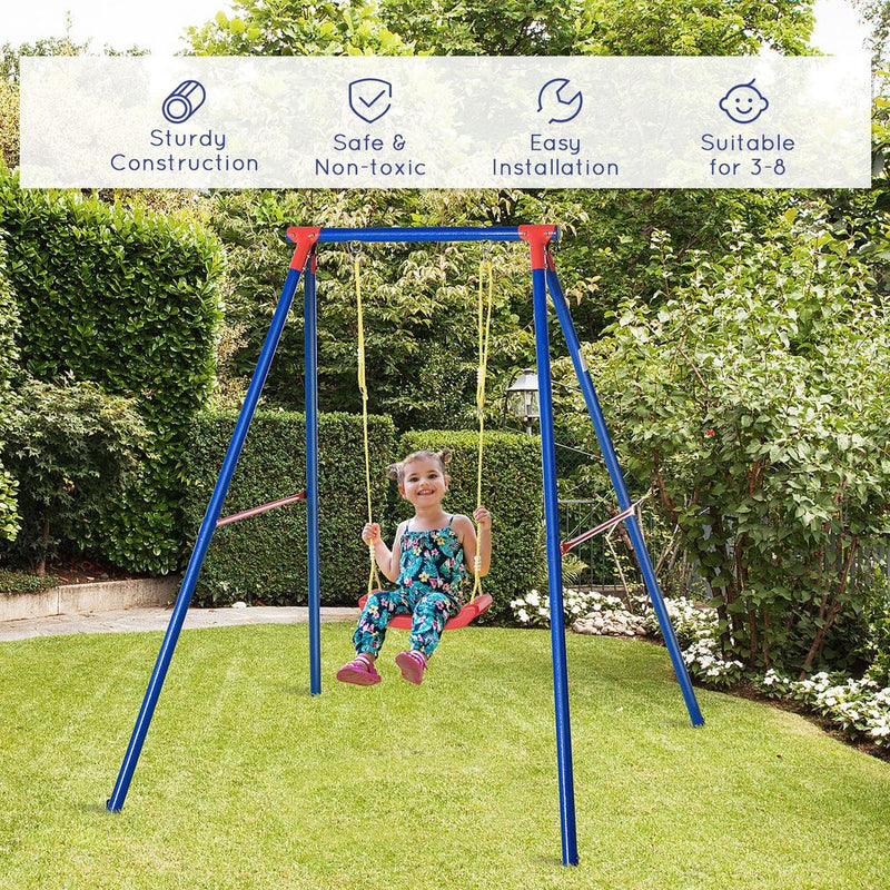 Metal Swing Set w/ Adjustable Rope A-Frame Stand Outdoor Playset