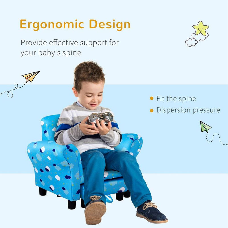 Cute Cloud Star Child Armchair Seat Wood Frame w/ Footrest Padding Blue