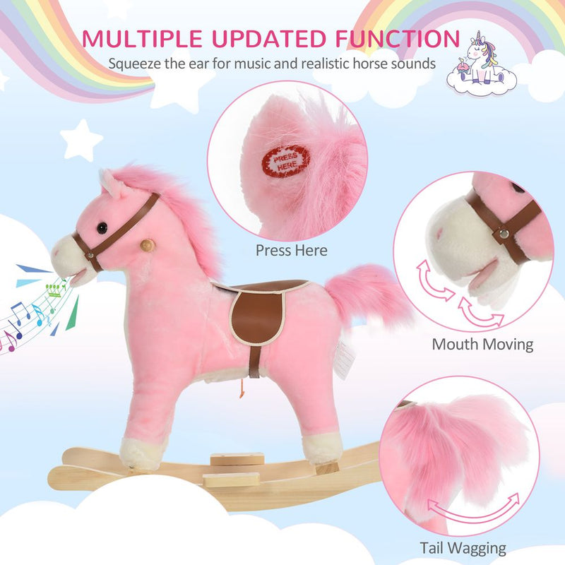 Kids Plush Rocking Horse w/ Moving Mouth Tail Sounds 18-36 Months Pink HOMCOM