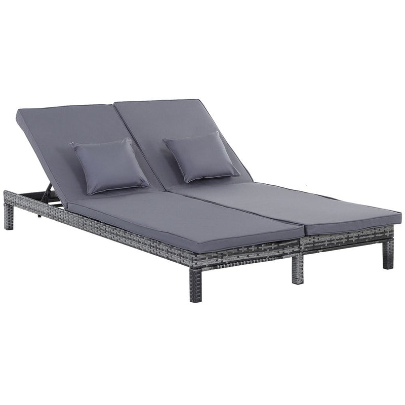 2 Seater Rattan Lounger Wicker Adjustable Double  w/ Cushions Grey