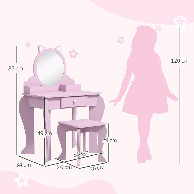 ZONEKIZ Kids Dressing Table Cat Design with Mirror Stool, Drawer, Storage Boxes