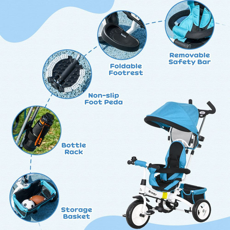 6 in 1 Kids Trike, Stroller with Parent Handle, Blue