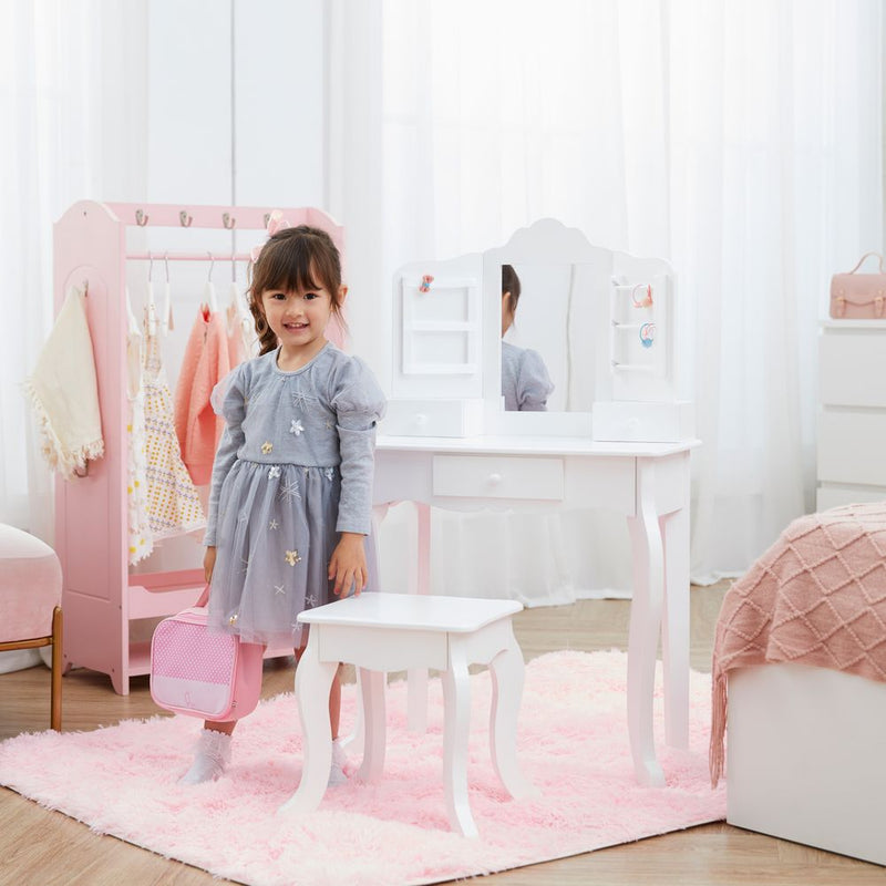 Kids Dressing Table Vanity Set, Mirror & Stool White