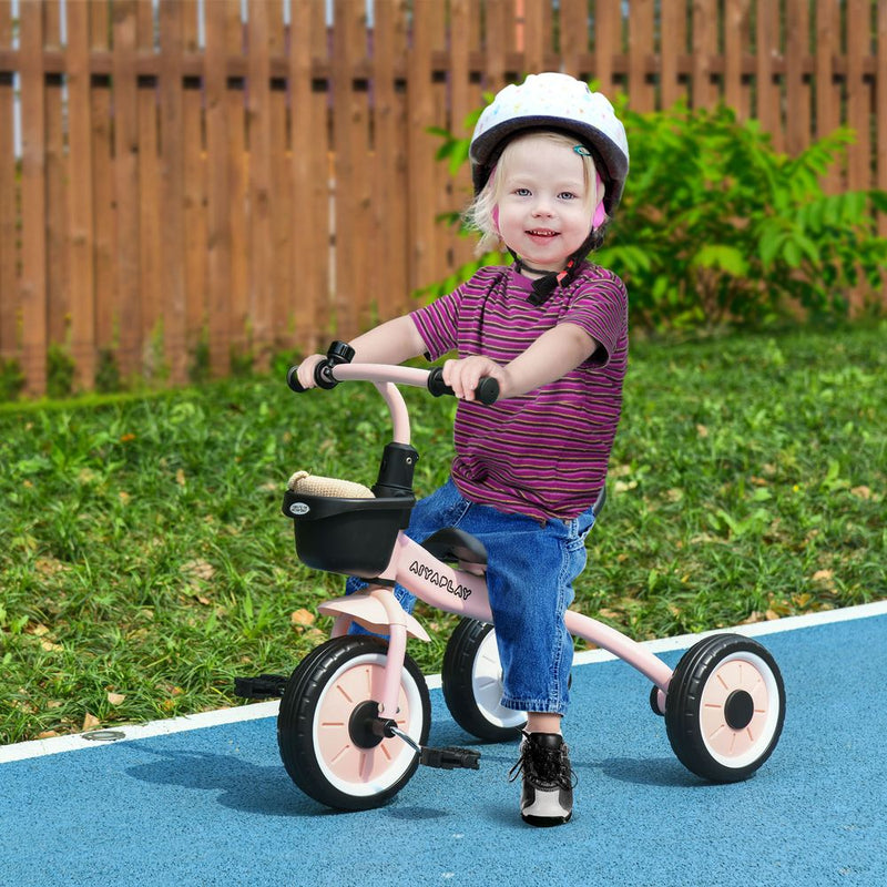 Kids Trike, Tricycle with Adjustable Seat, Basket, Bell for Ages 2-5 Years Pink