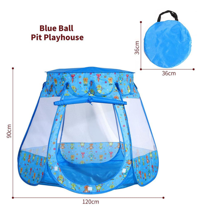 Kids Playhouse Tent Blue Robot Pop Up with 100 Coloured Play Balls