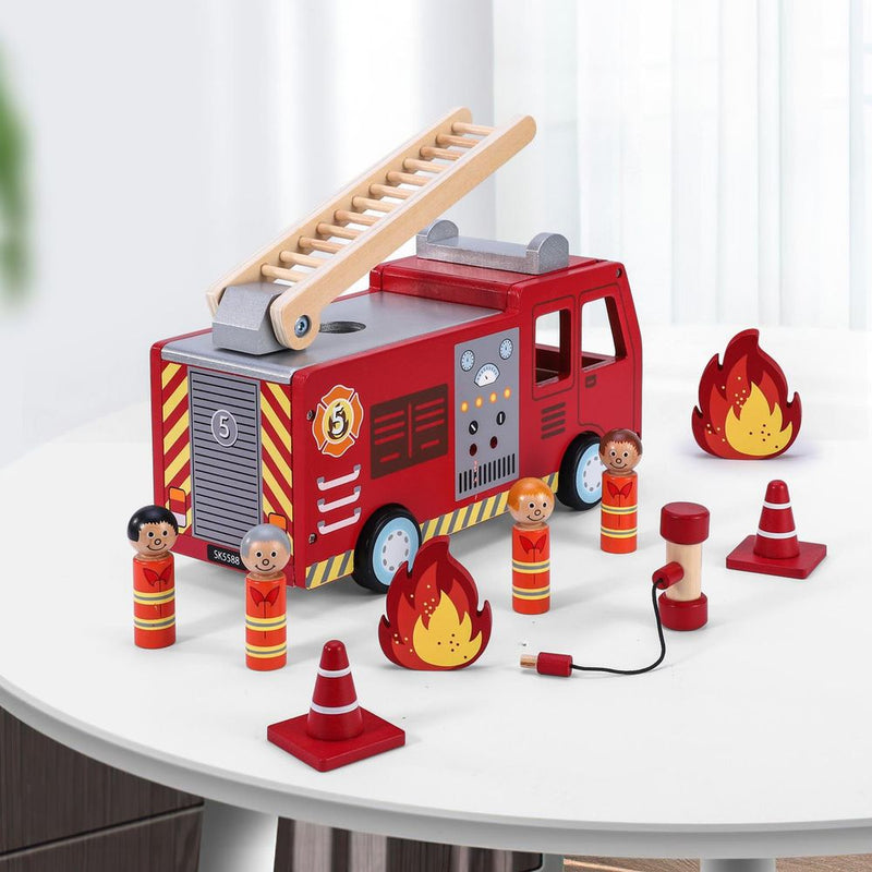 Wooden Fire Engine Truck with Firefighter Figurines Vehicle Toy for Kids 3+