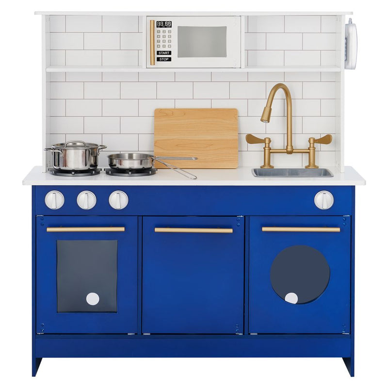 Blue Kids Toy Kitchen Wooden Cooker Children Imitation Playset