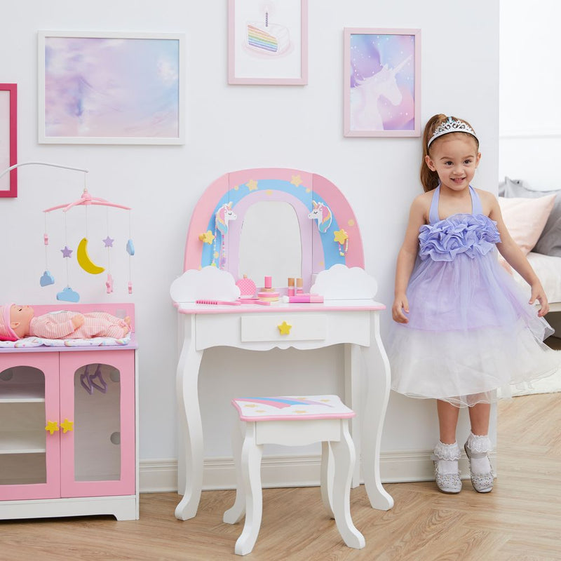 Kids Vanity Set Dressing Table with Mirror Storage & Stool